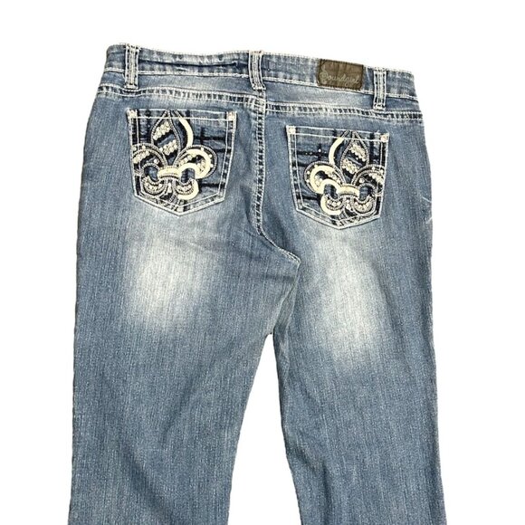 Soundgirl Jeans Juniors 17 Blue Bootcut Studs Bling Thick Stitch Fluer De Lis - Picture 8 of 16
